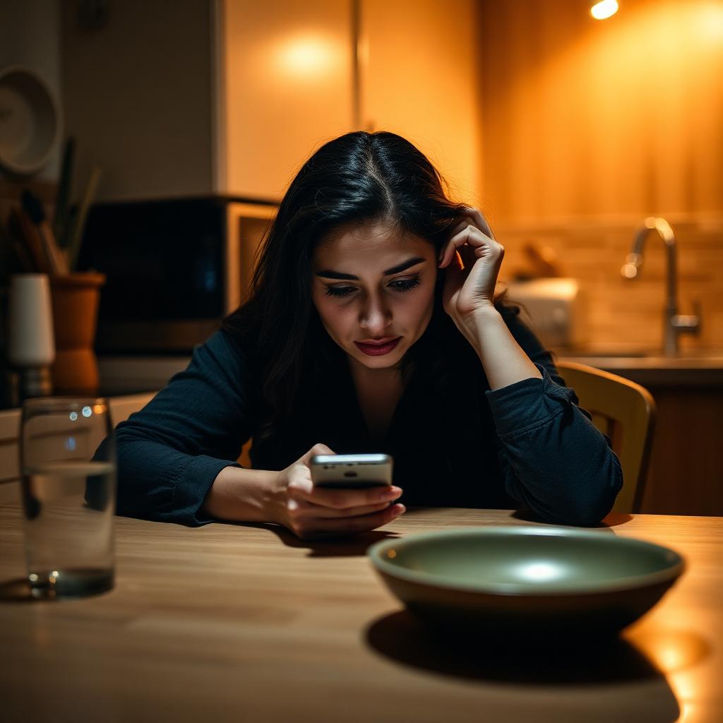 Anfitriã cansada olhando o celular tarde da noite